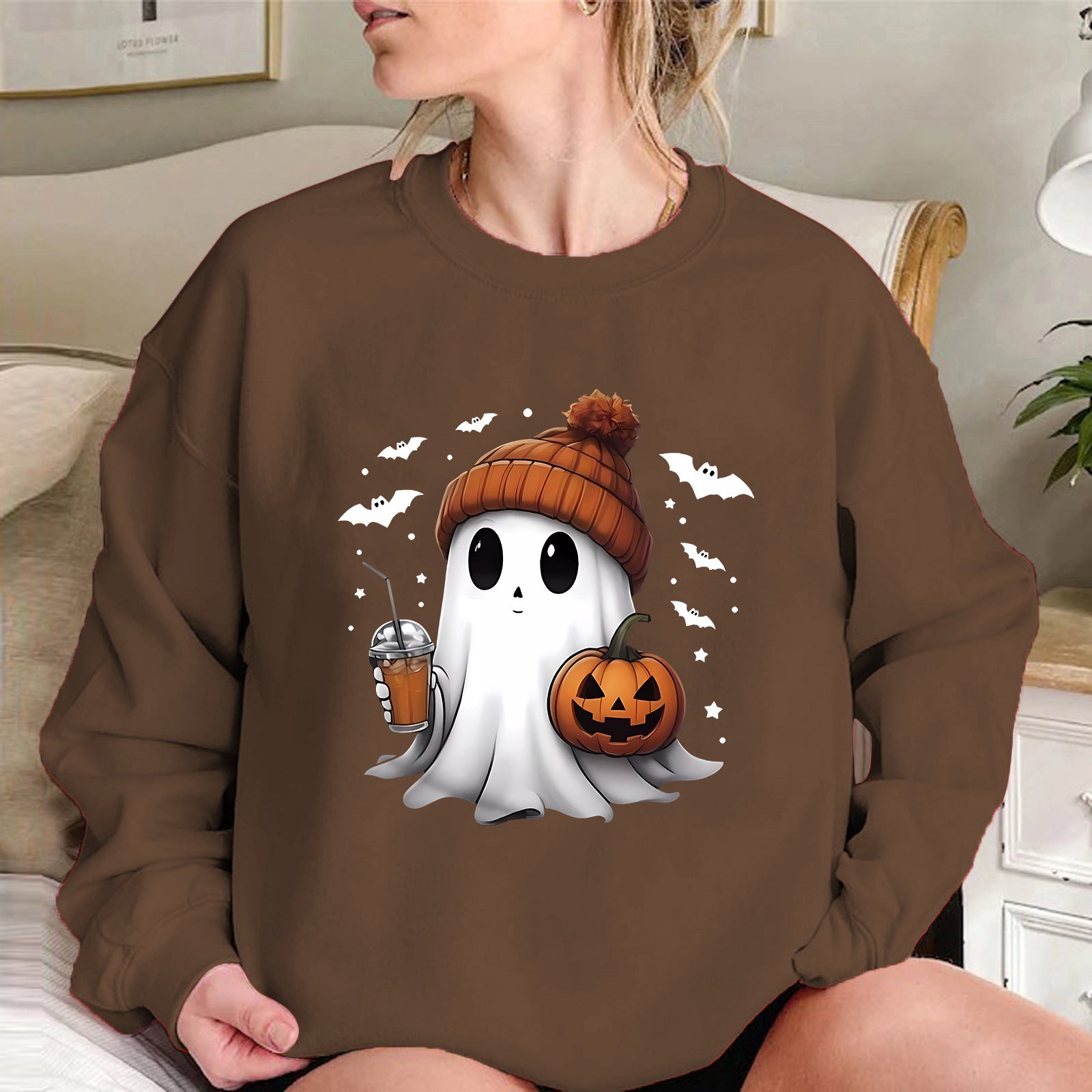 Cozy Drop-Shoulder Velvet Halloween Hoodie for Women