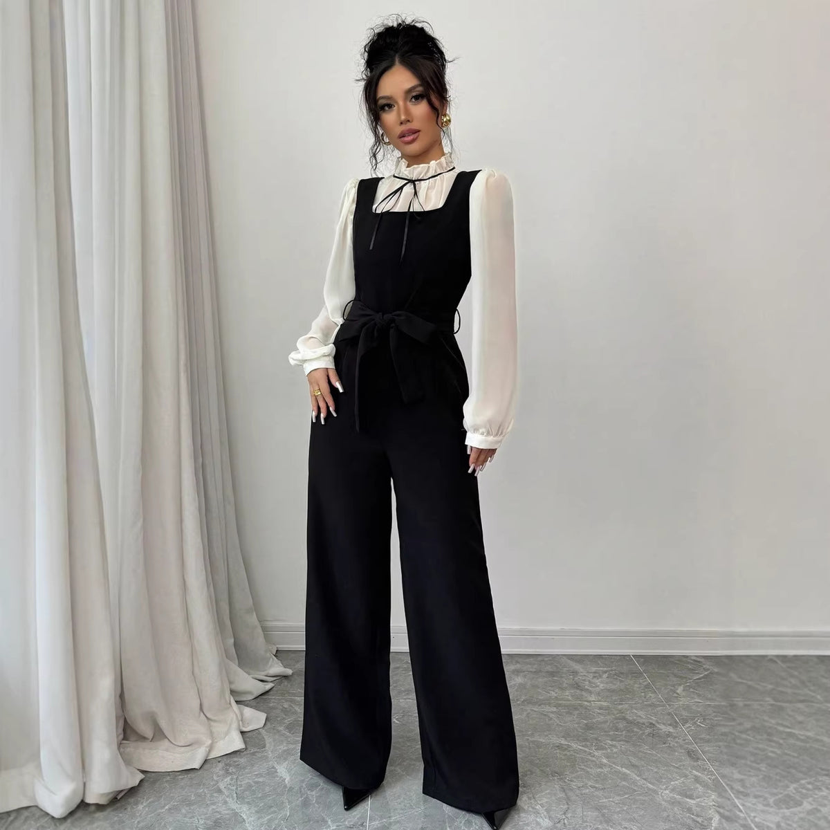 Elegant Color Block Shirt Jumpsuit Set