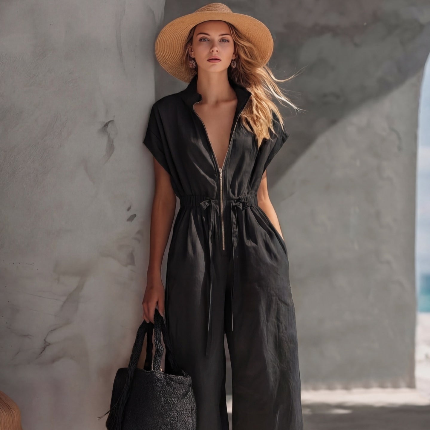 Retro V-Neck Casual Resort Jumpsuit
