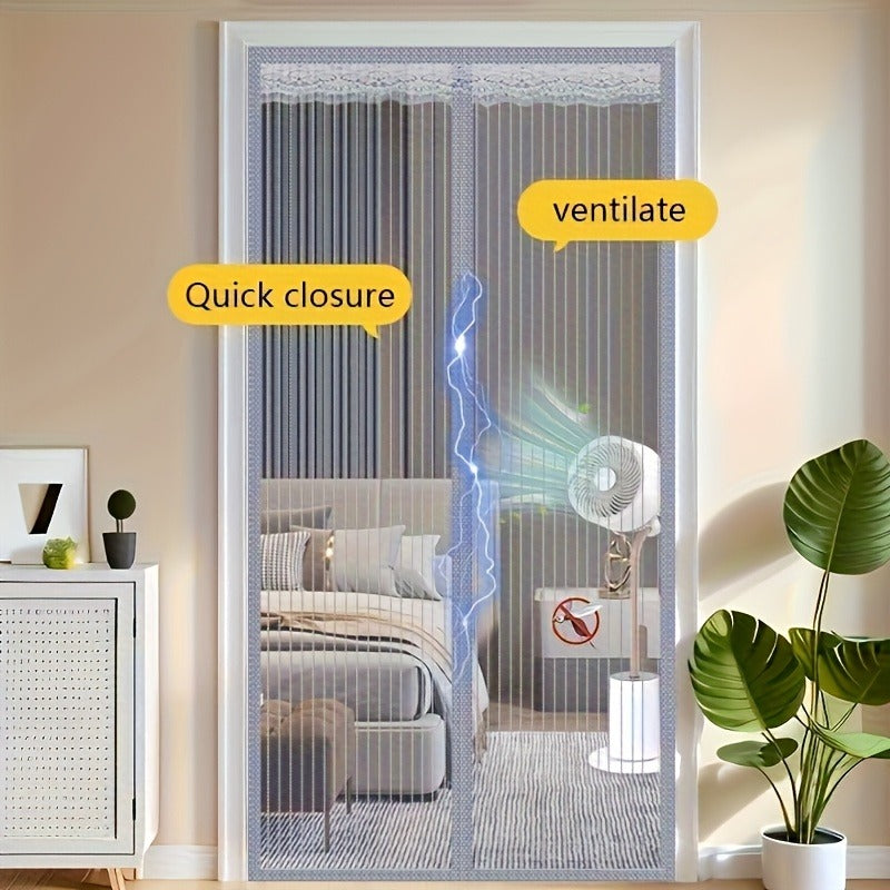 Magnetic Screen Door Curtain - Manual or Automatic Closing Mesh, White Stripe Design, Mosquito-proof Summer Breathable Partition, Suitable for Living Room, Bedroom, Garage, Kitchen - No Drilling Neede