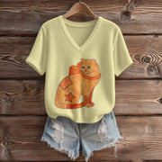 Cozy V-Neck Short Sleeve Sweater – Loose Fit, Soft Polyester