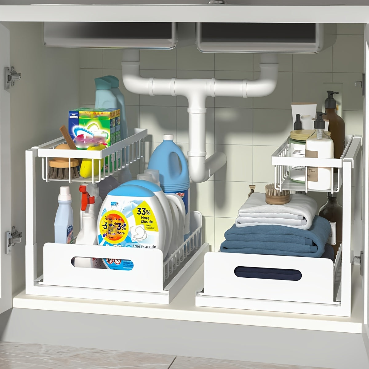 Two-Level Organizers for Under The Sink, Featuring a Sliding Pull-Out Shelf Made of Metal, Ideal for Organizing Kitchen, Bathroom, Pantry, Or Closet Spaces , Under Sink Bathroom Cabinet, Under...
