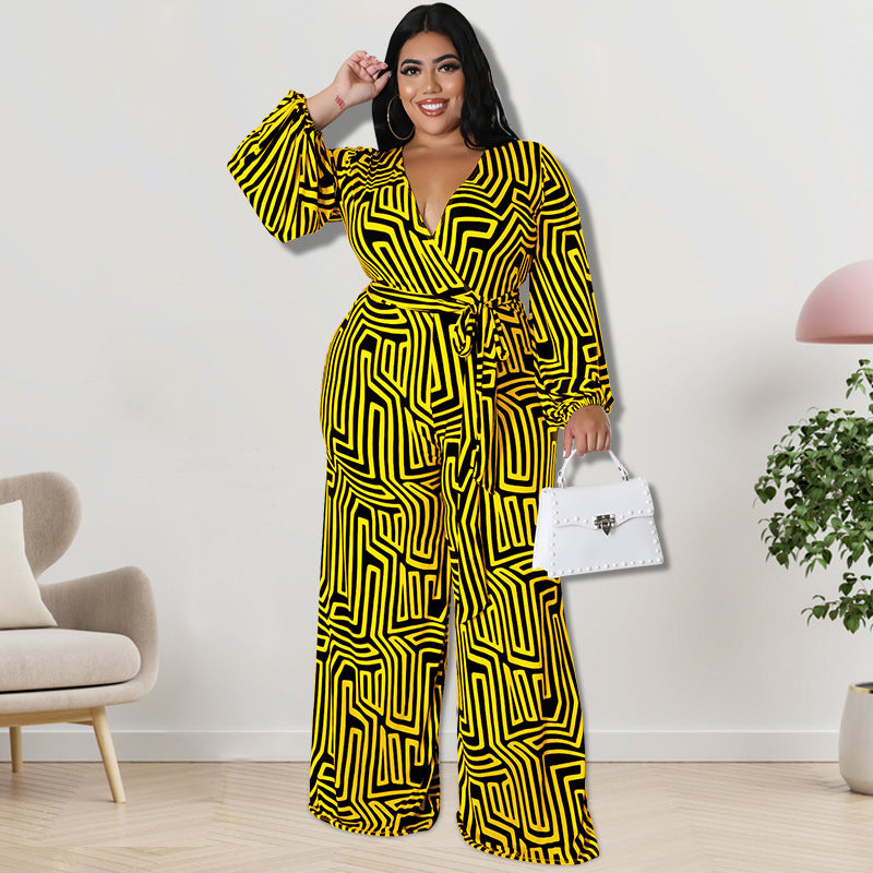 Elegant Long-Sleeve Straight-Leg Plus Size Jumpsuit