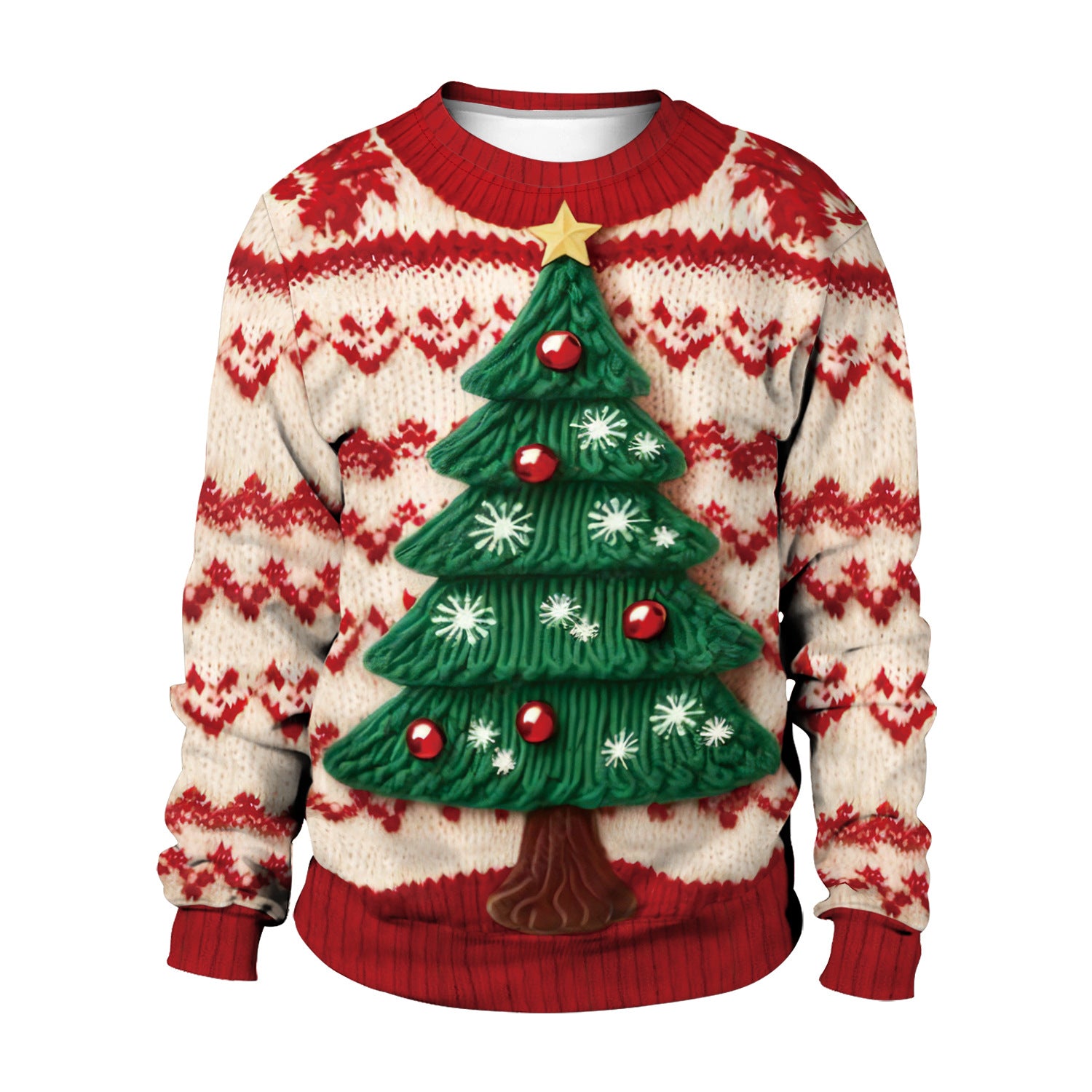 Festive Snowman Christmas Tree Print Crewneck Sweater