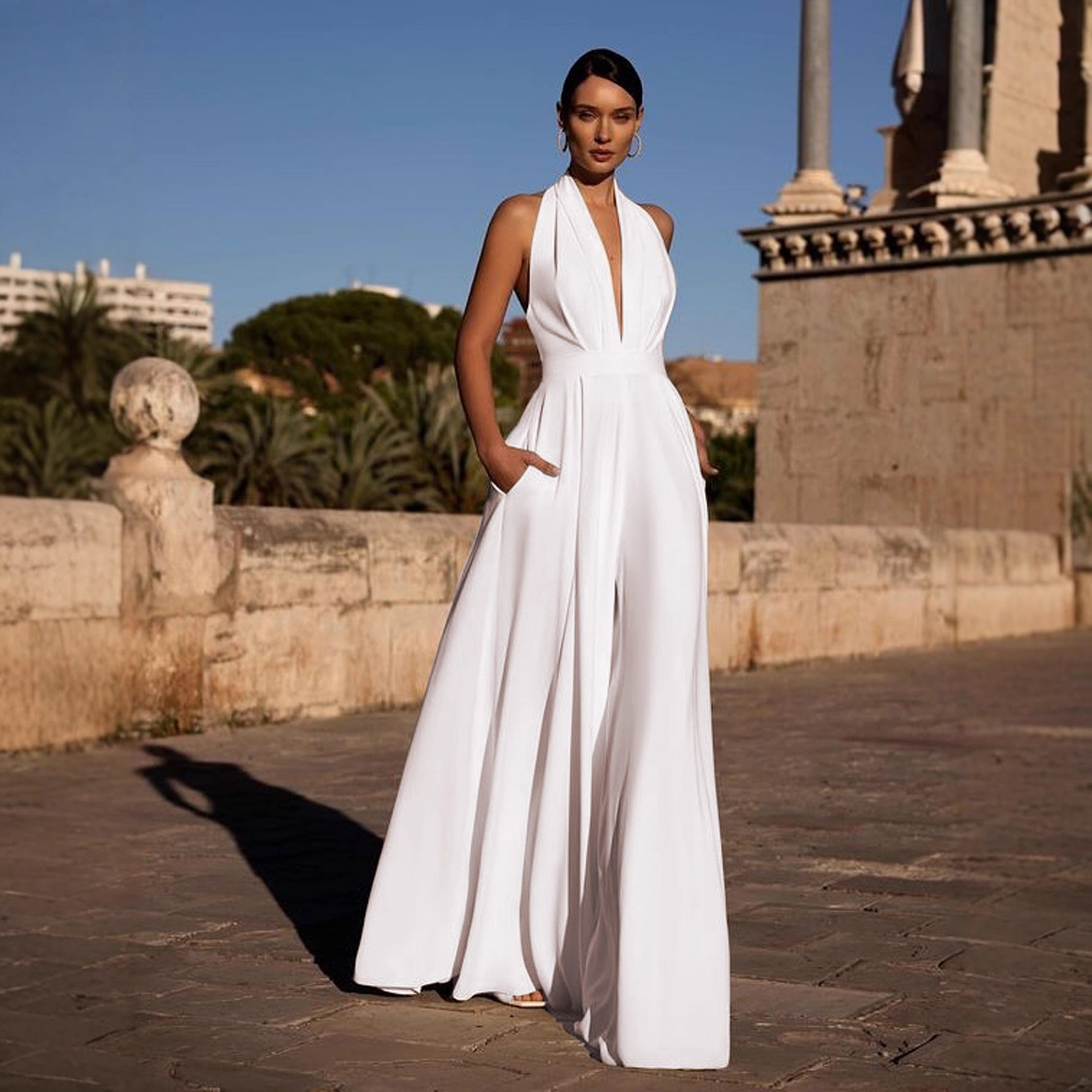Elegant Halter V-Neck Wide Leg Jumpsuit with Pockets