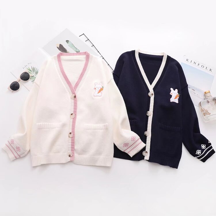 Japanese Style Mori Style Casual Loose Solid Color Rabbit Cardigan V-neck Sweater