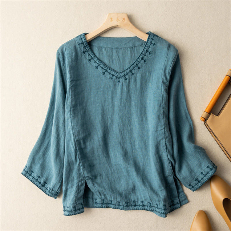 Embroidered Cotton Linen V-Neck Top
