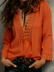 V-Neck Lace-Trim Long Sleeve Top – Loose, Sheer Black