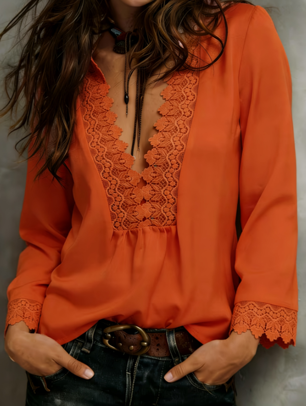 V-Neck Lace-Trim Long Sleeve Top – Loose, Sheer Black