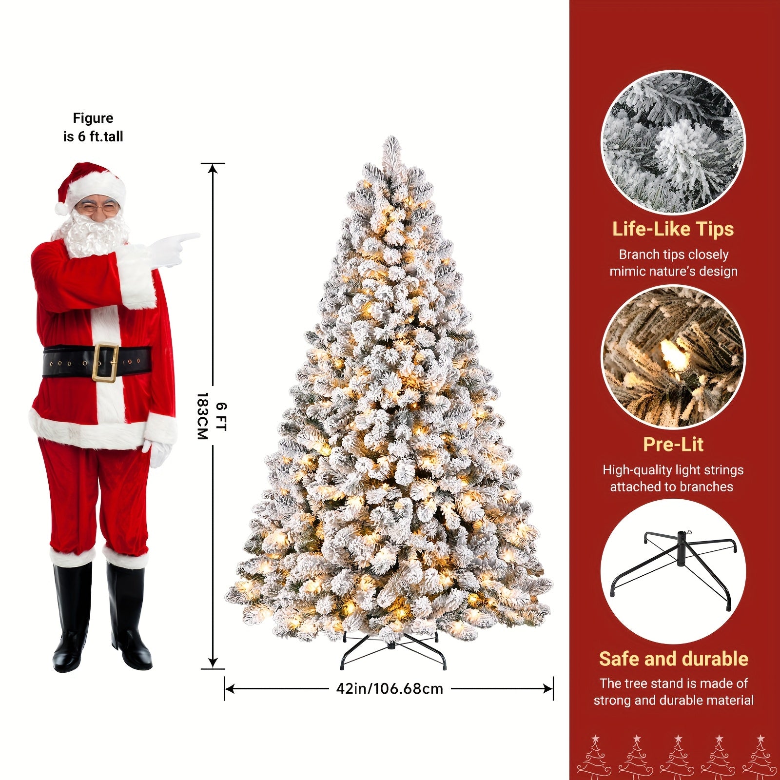 Snow Flocked Xmas Tree – 4–9ft, Warm Lights, Foldable Base