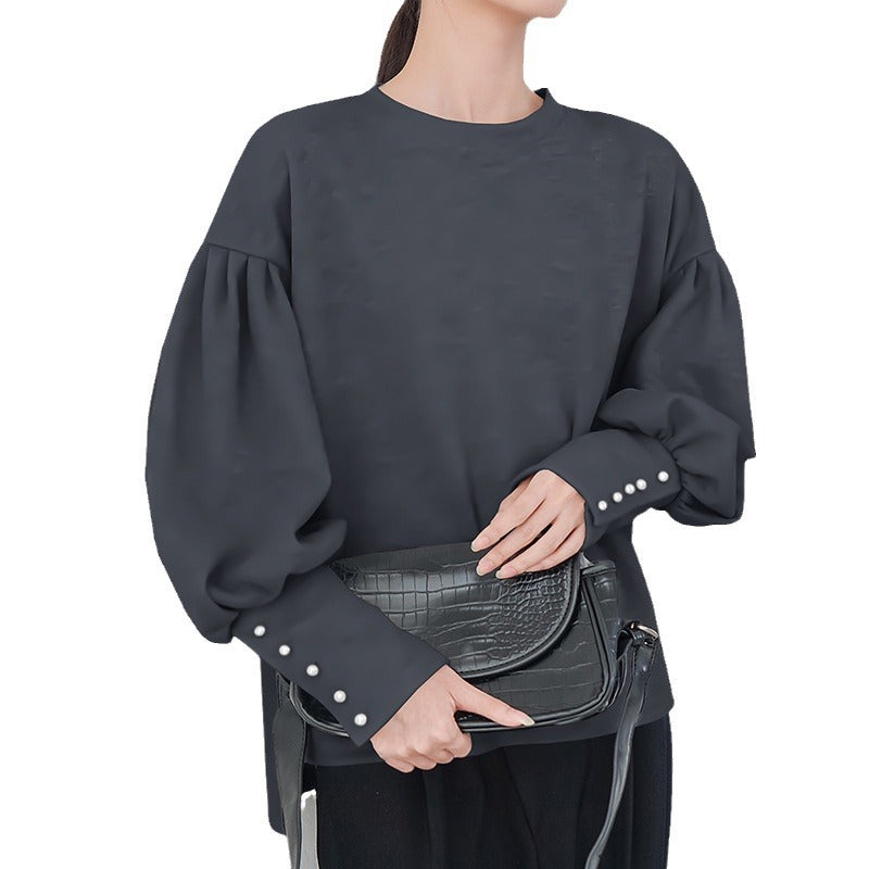 Chic Pearl Buckle Lantern Sleeve Sweater for Women