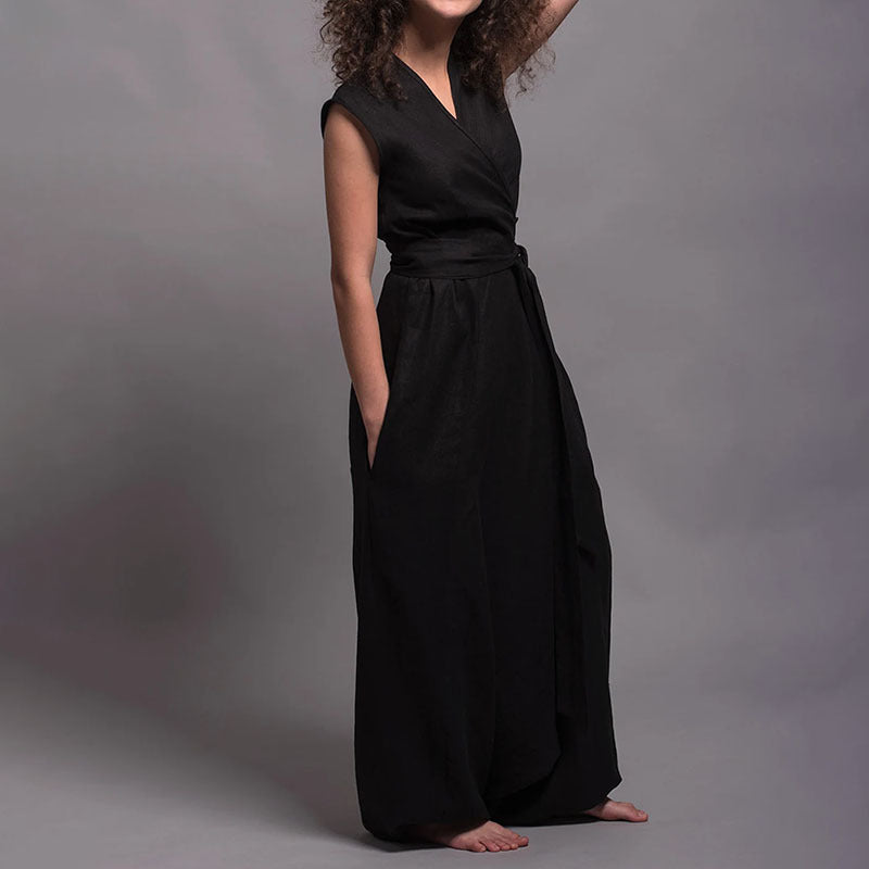 Summer V-neck Wide Leg Solid Color Straight Jumpsuit For Women