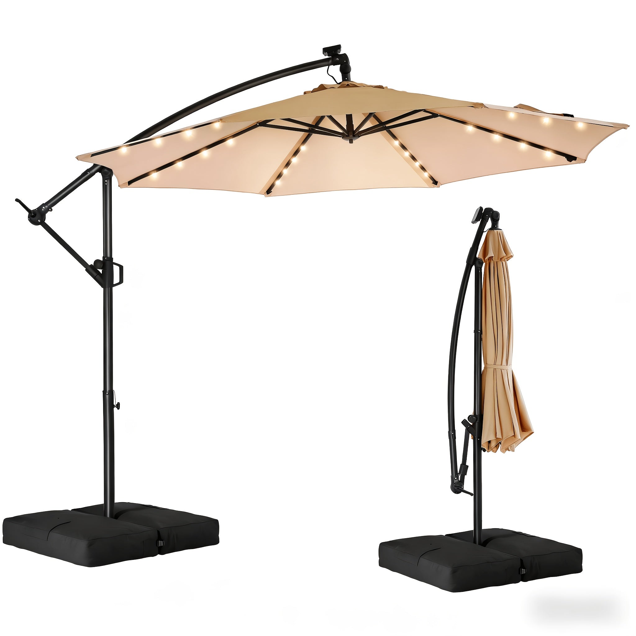 [With Light And Base]10ft Solar Lights Offset Cantilever Patio Umbrella Sun Shade, LED Solar Lighted Offset Hanging Patio Outdoor Market Umbrella, UPF50+ UV Protection With Easy Tilt And Crank, For Gardens, Decks, Backyards And Poolside.