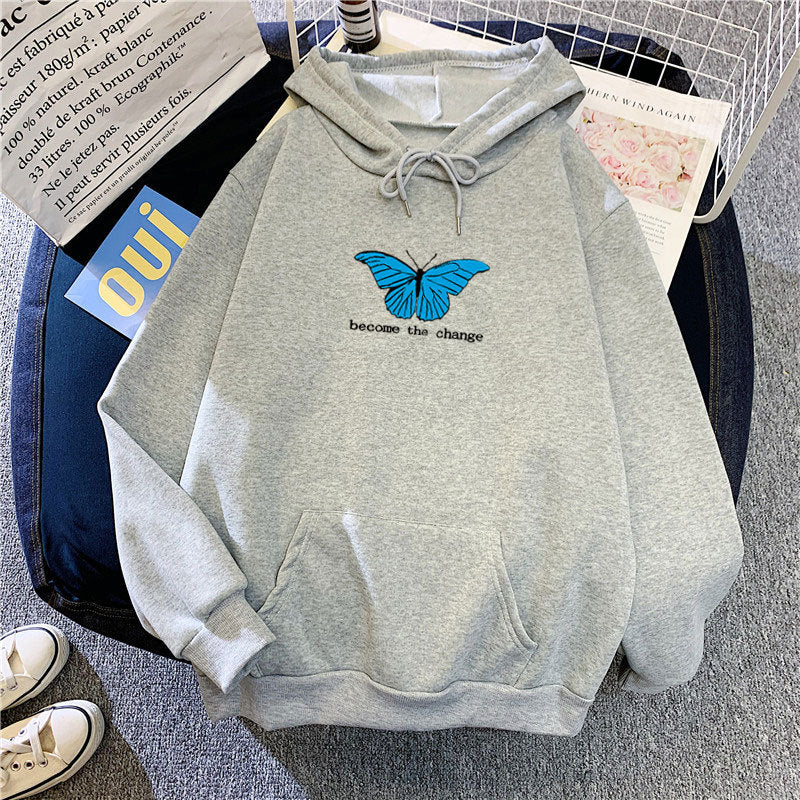 Cozy Butterfly Print Loose Pullover Hoodie