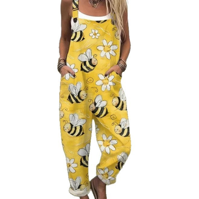 Women's Sweet Digital Print Button Suspender Casual Pants