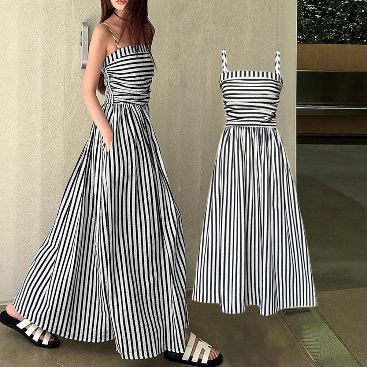 Elegant Striped Off-Shoulder Long Dress