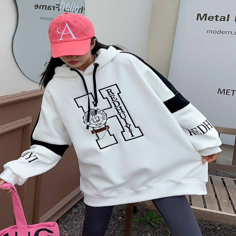 Women's Embroidered Velvet Padded Hooded Sweatshirt