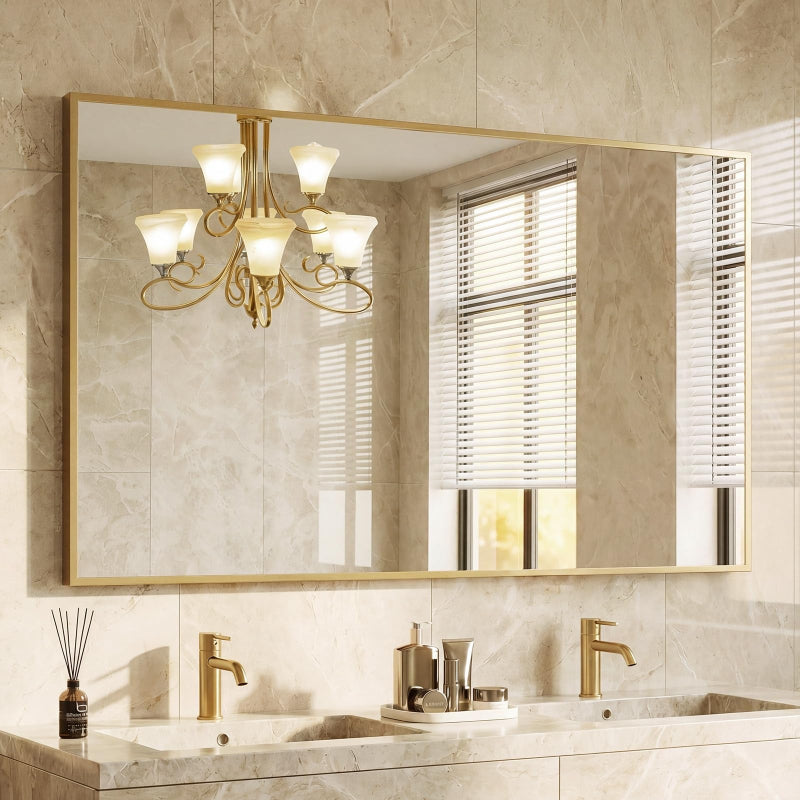 Modern black and gold rectangular wall mirror with thin frame