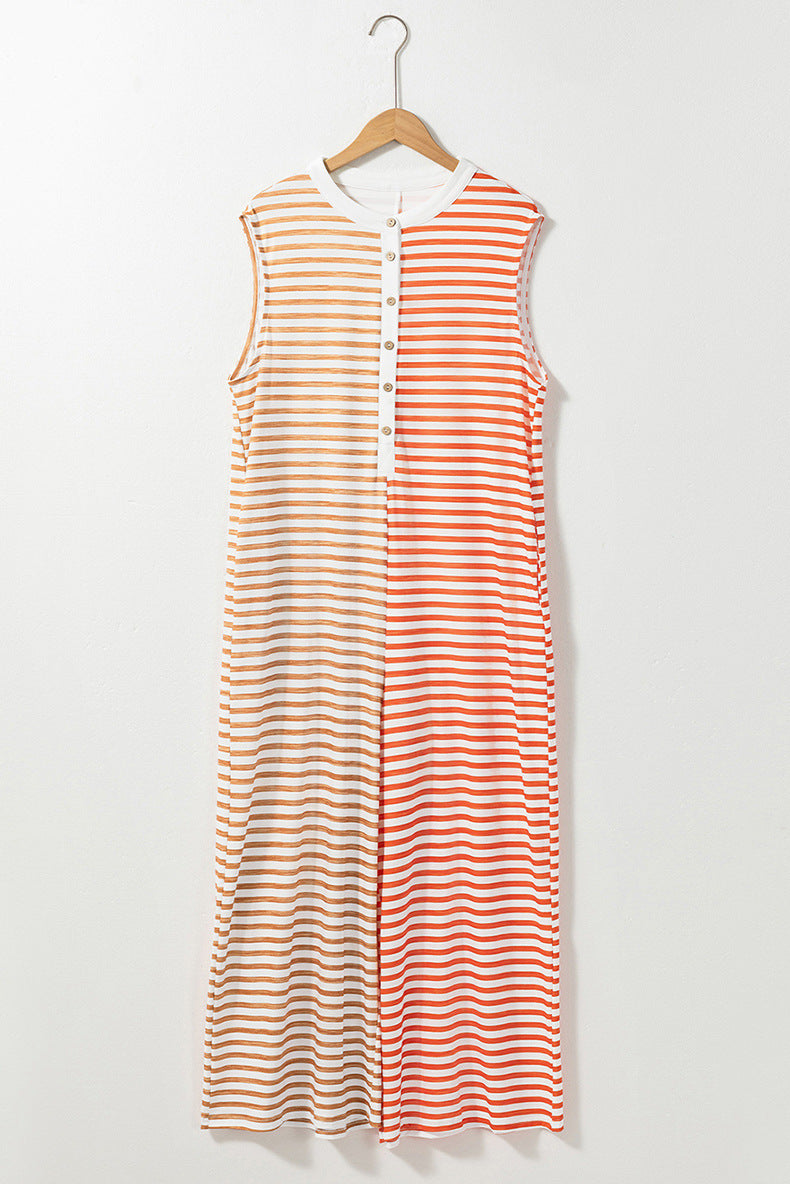 Sleeveless Jumpsuit Leisure Striped Printed Multi-pocket
