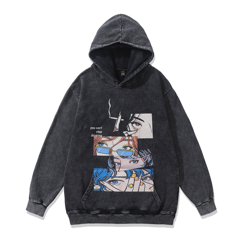 Retro Loose Hip Hop Hooded Terry Sweater for Streetwear
