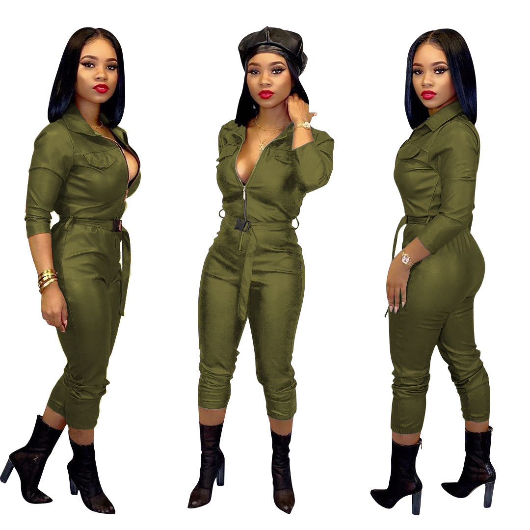 Women's High Elastic Faux Leather Casual Jumpsuit
