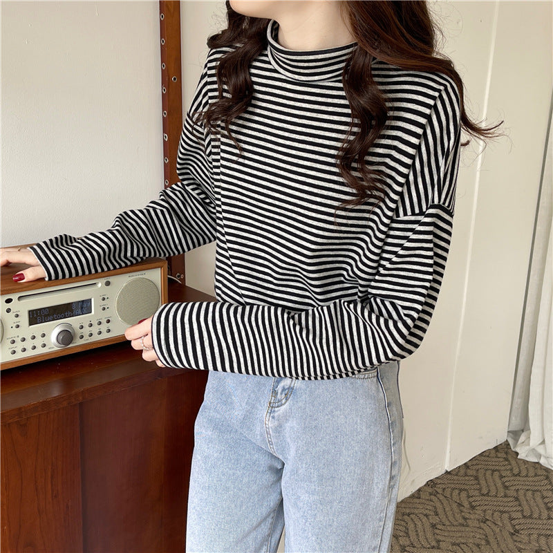 Striped Half-Turtleneck Long Sleeve Tee