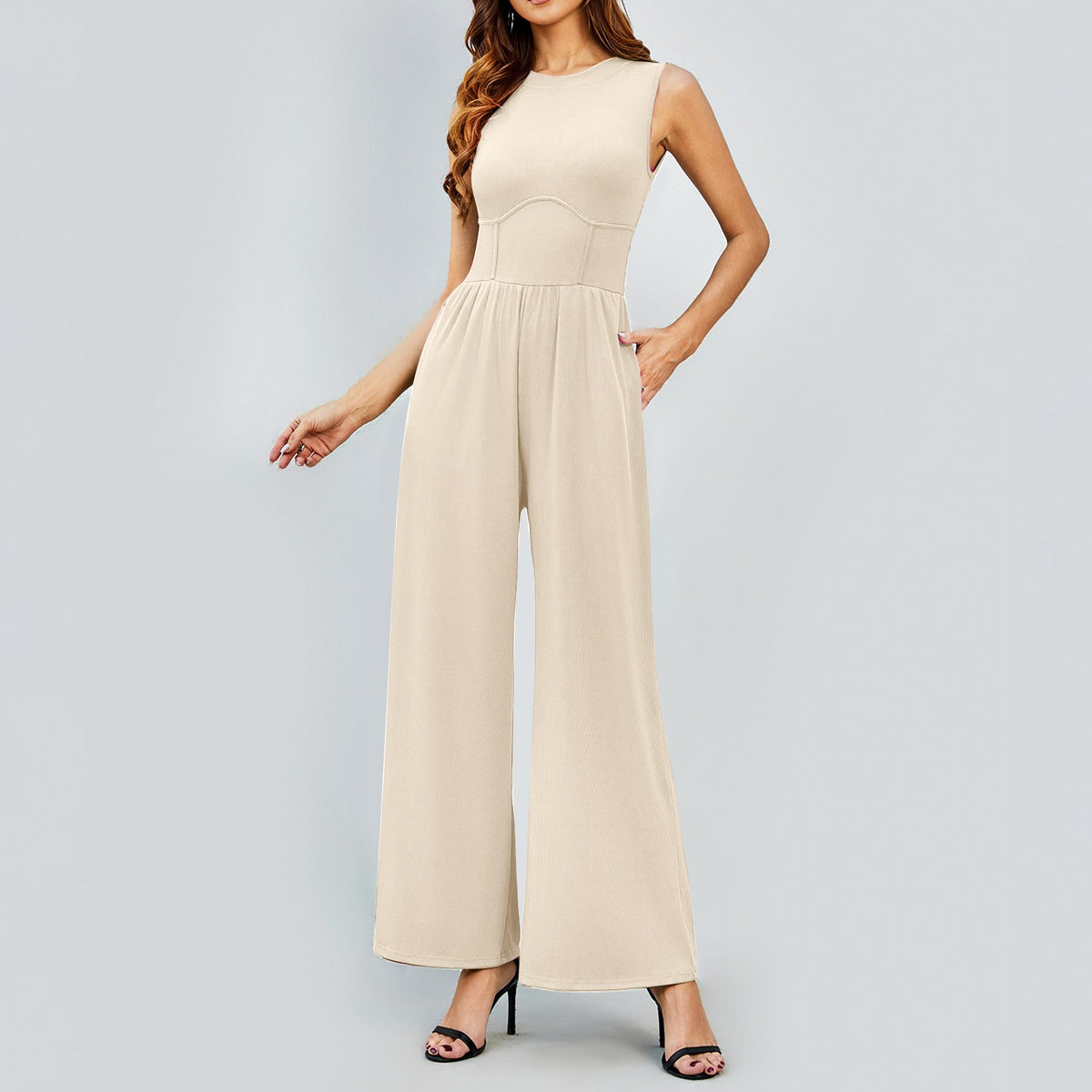 Womens Round-neck Solid-color Sleeveless Slim-fit Long Casual Jumpsuit