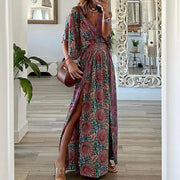 New Fashion V-neck Short Sleeve Loose Bohemian Side Slit Long Dress Printed Dress