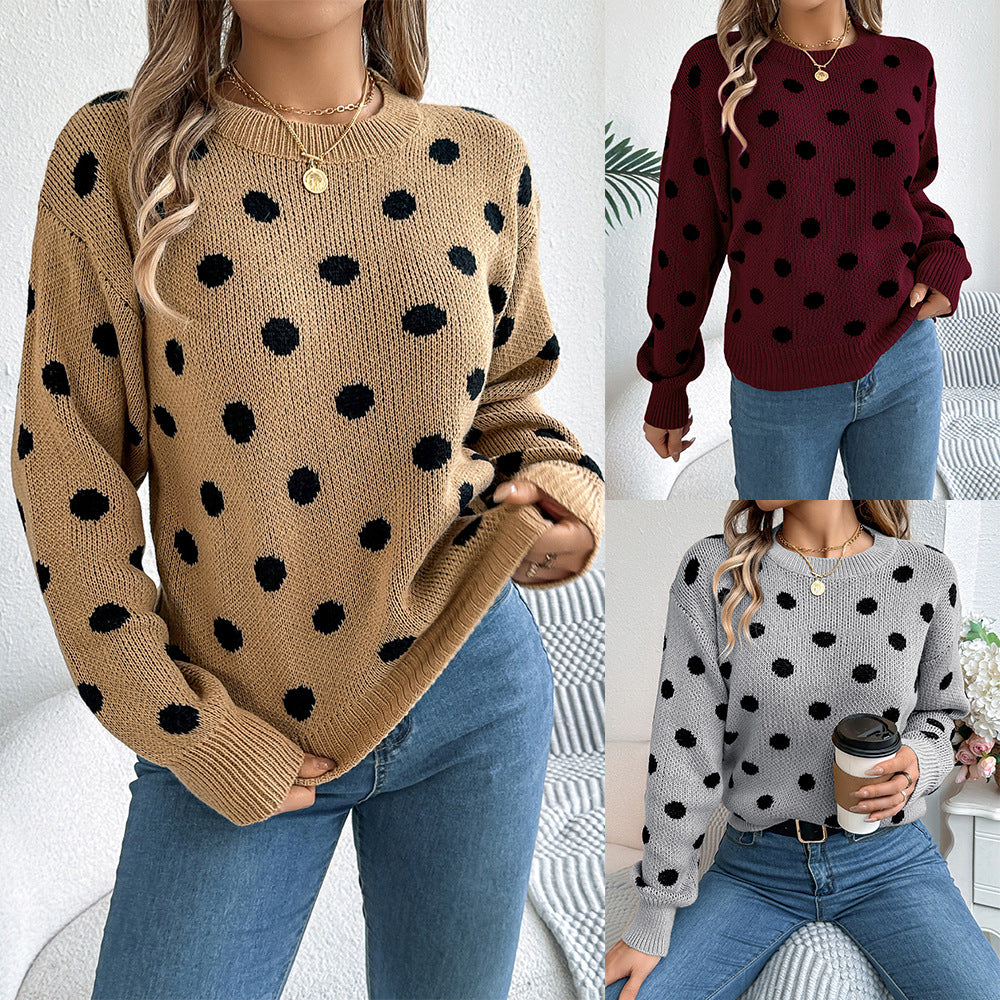 Autumn and Winter Leisure Contrast Color Polka Dot Long Sleeve Pullover