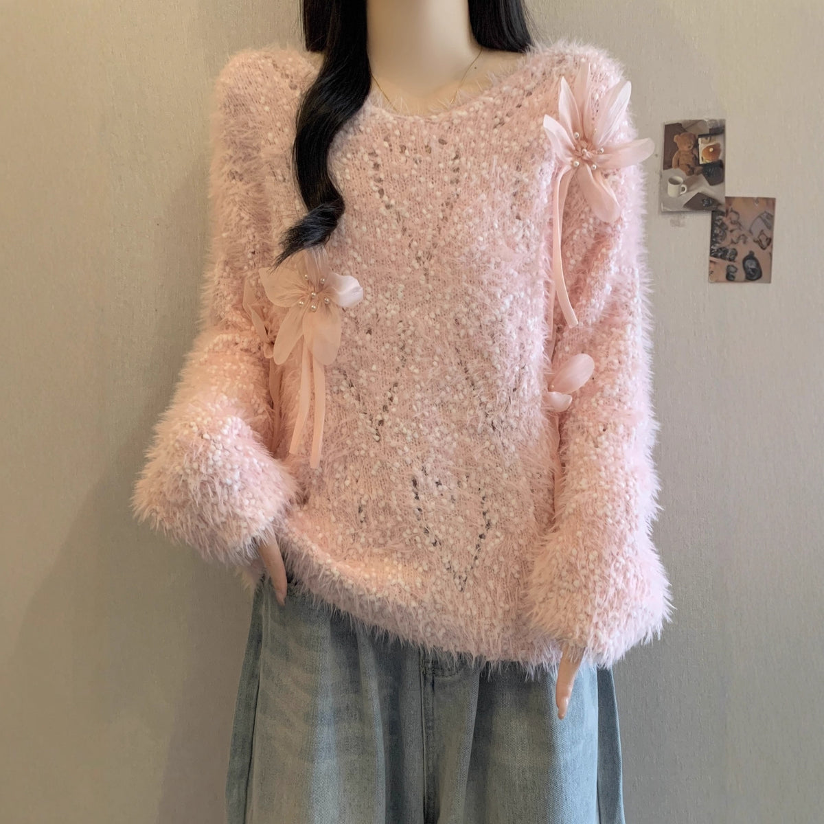 Autumn and Winter Plush Knitted Sweater for Women Sweet 3d Flower Decoration Loose Fit