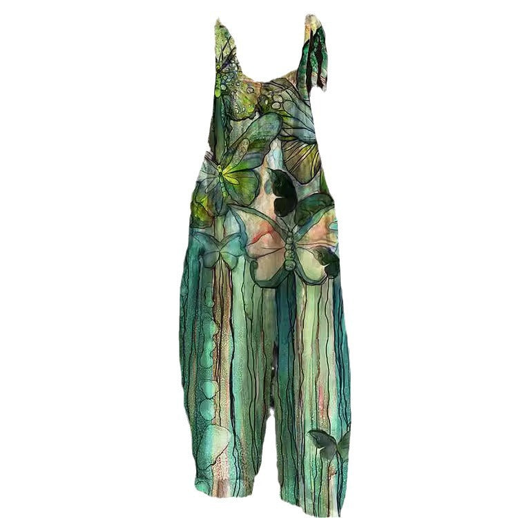 Women's Cotton Linen Suspender Trousers Printed Suspenders Casual Jumpsuit