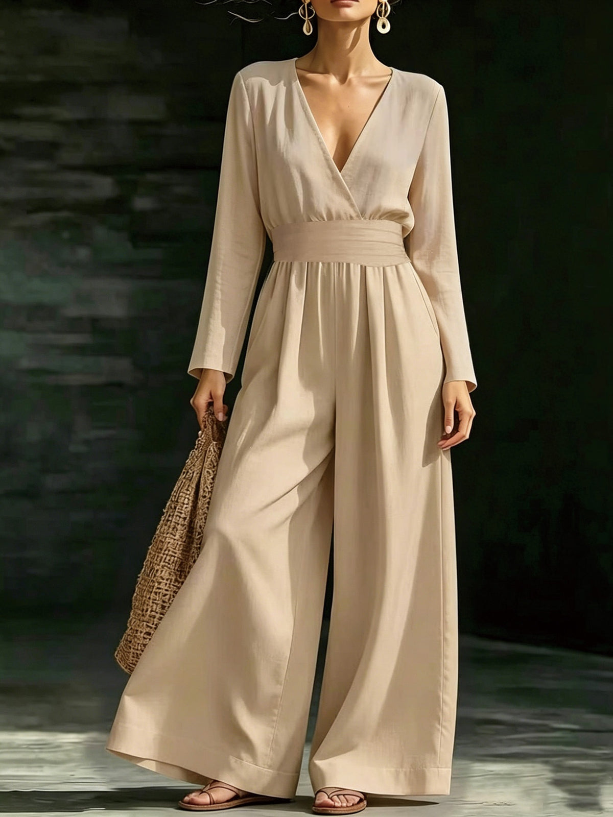 Elegant Long-Sleeve V-Neck Knit Jumpsuit for Women