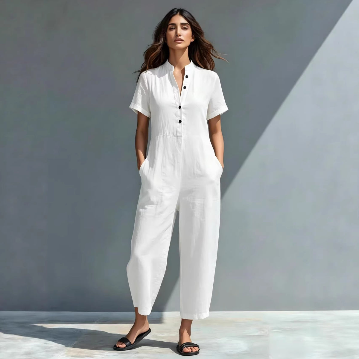 Linen-Blend Short-Sleeve Wide-Leg Jumpsuit