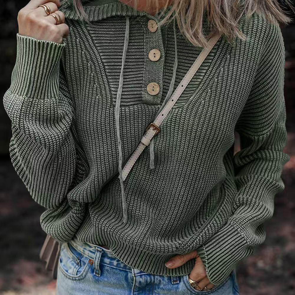 Women's Washed Rib Button Hoodie with Drawstrings Sweater