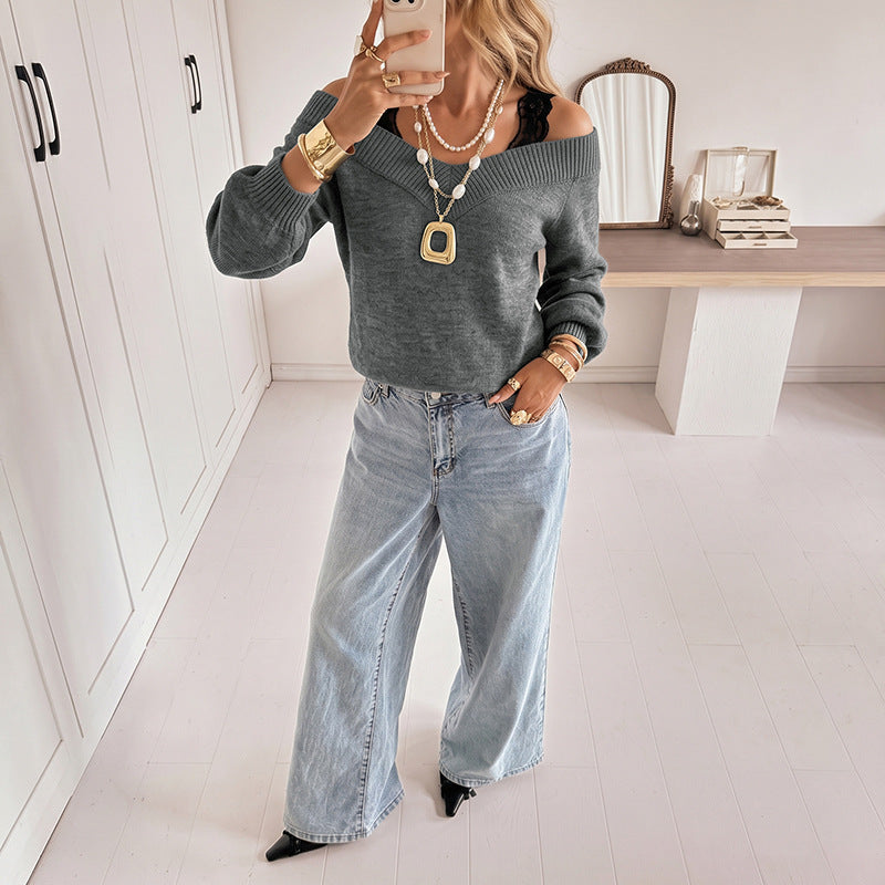 Solid-color Lace-panel V-neck Knit Sweater for Women