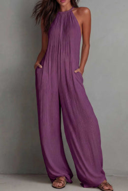 Chic Open-Back Pleated Wide-Leg Resort Jumpsuit