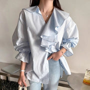 Patchwork Ruffle-Trimmed Loose All-Match Solid-Color Shirt For Women