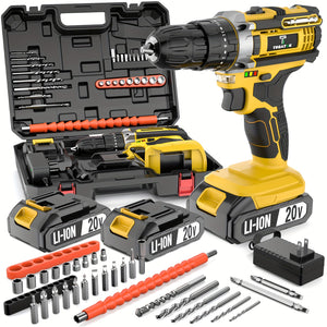 20V Cordless Drill Set, Impact Power Drill with 3/8 Inch Keyless Chuck, 18+3 Clutch Electric Drill with Work Light, Max Torque 45Nm, 2-Variable Speed & 2.0AH Batteries And Fast Charger, Bits Set An...