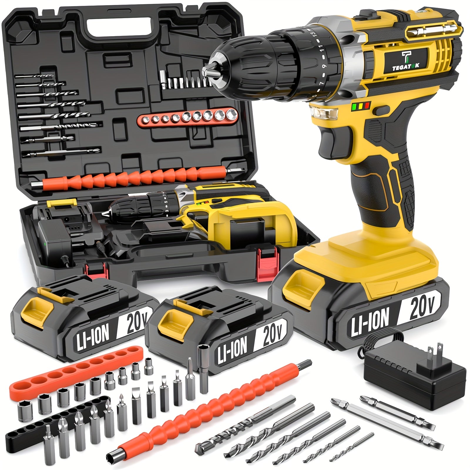 20V Cordless Drill Set, Impact Power Drill with 3/8 Inch Keyless Chuck, 18+3 Clutch Electric Drill with Work Light, Max Torque 45Nm, 2-Variable Speed & 2.0AH Batteries And Fast Charger, Bits Set...
