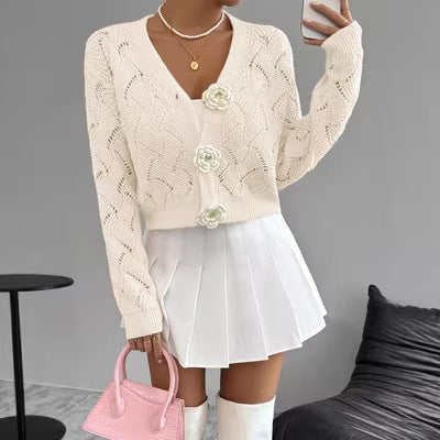 Elegant Solid-color Hollow-out Knit Cardigan for Europe and America