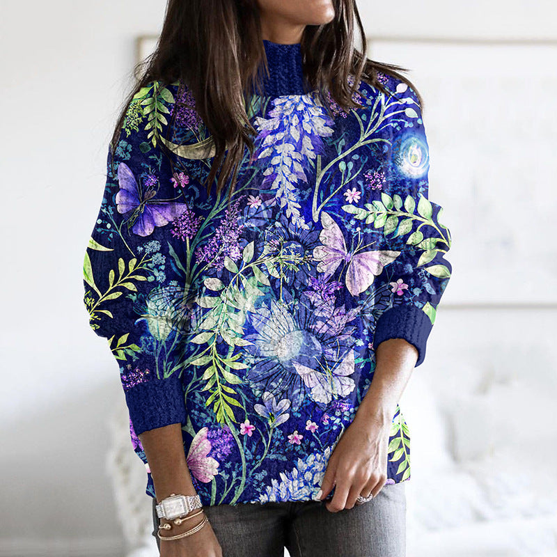 New 3d-printed Loose-fitting High-neck Top for Fallwintercross-border Style Casual Off-shoulder Design for Women