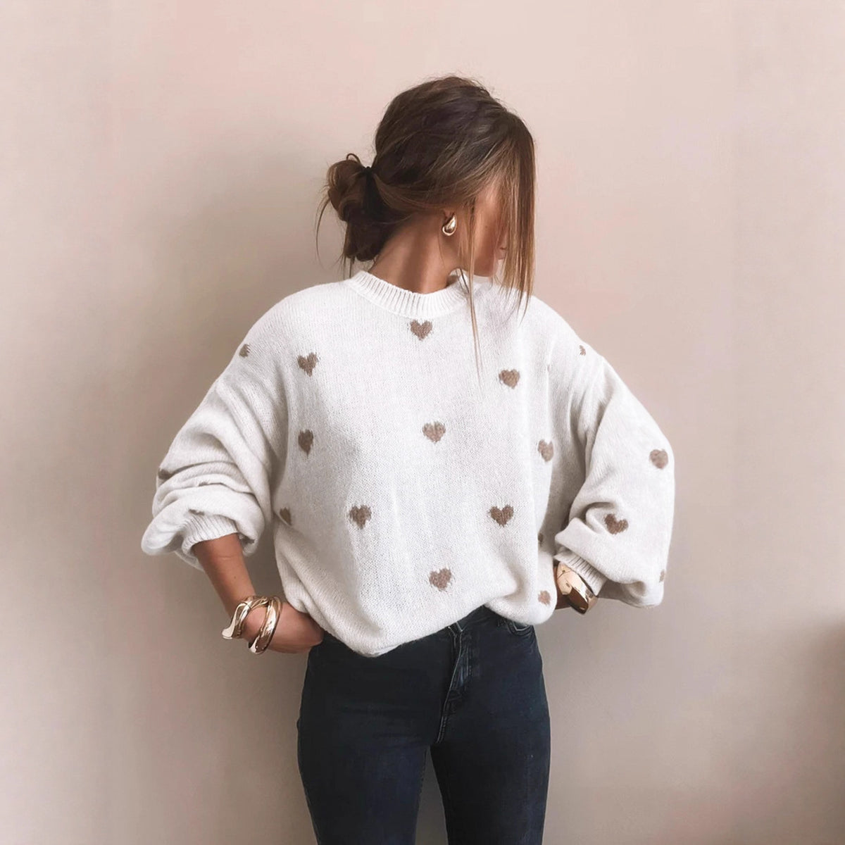 Heart Knitted Women's Leisure Pullover Sweater