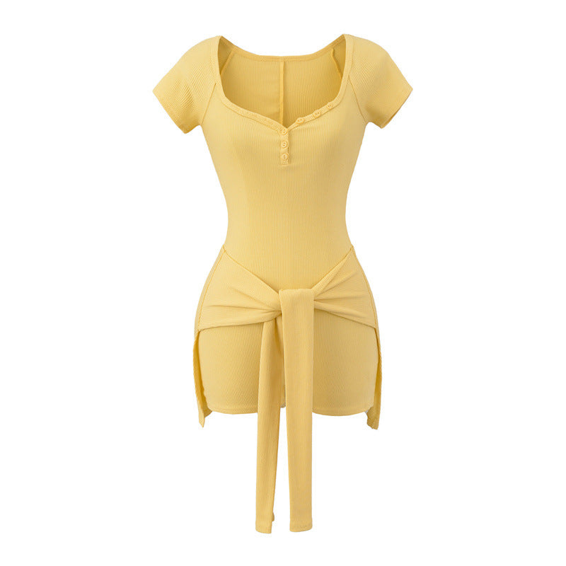 Chic Peach Collar Tied Waist Jumpsuit Romper