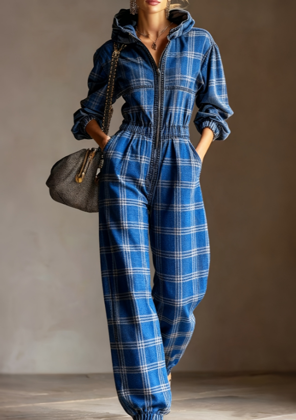 Vintage Plaid Hooded Waist-Cinching Casual Jumpsuit