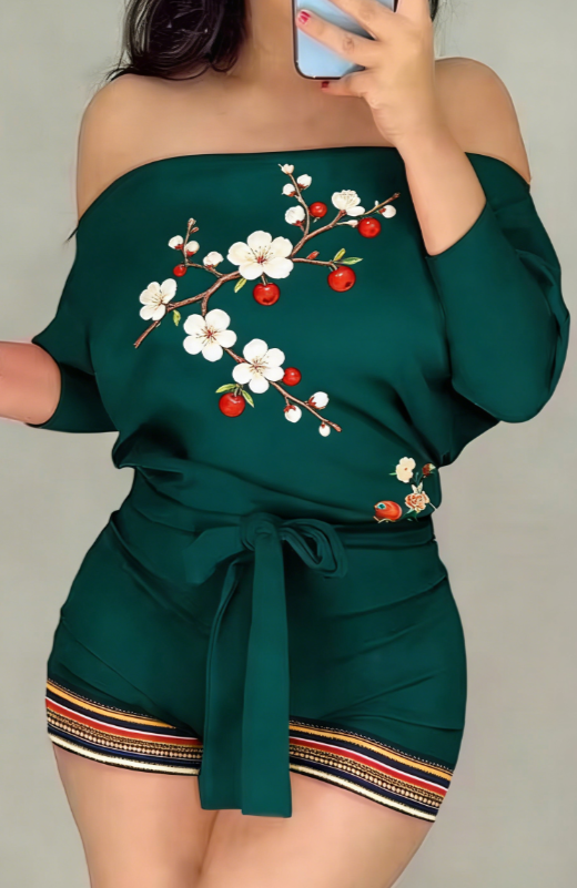 Peacock Print Off-Shoulder Casual Romper