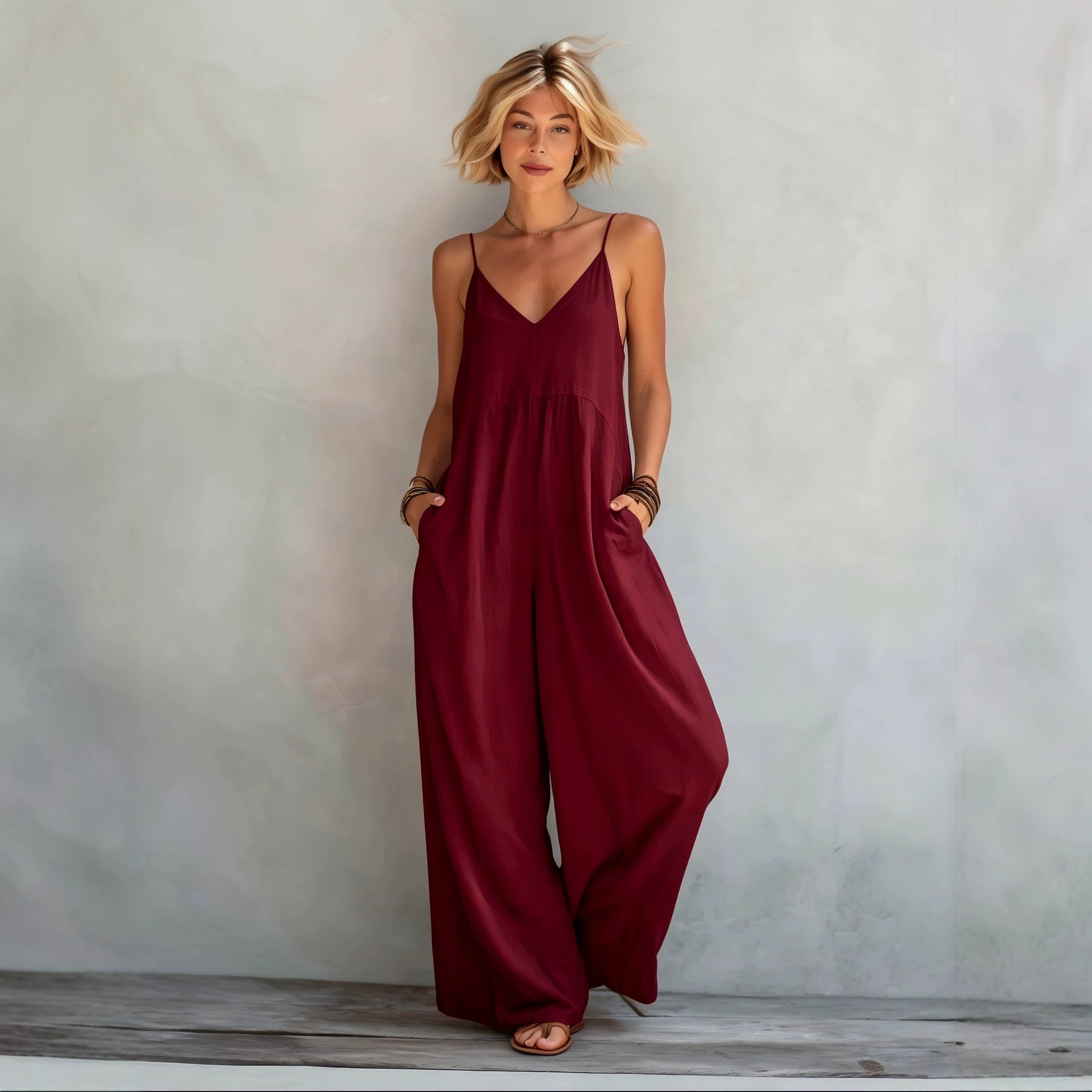 SpringSummer New Womens Solid-Color Cotton-Linen V-Neck Lace-Up Suspender Wide-Leg Jumpsuit