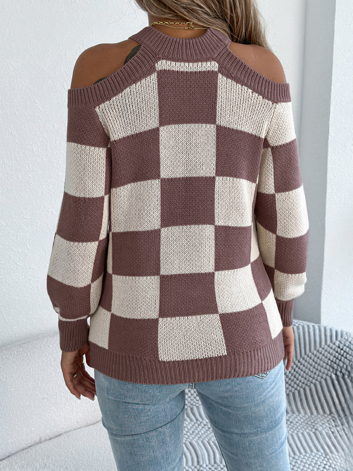 Women's Off-shoulder Color-blocked Plaid Lantern Sleeve Sweater