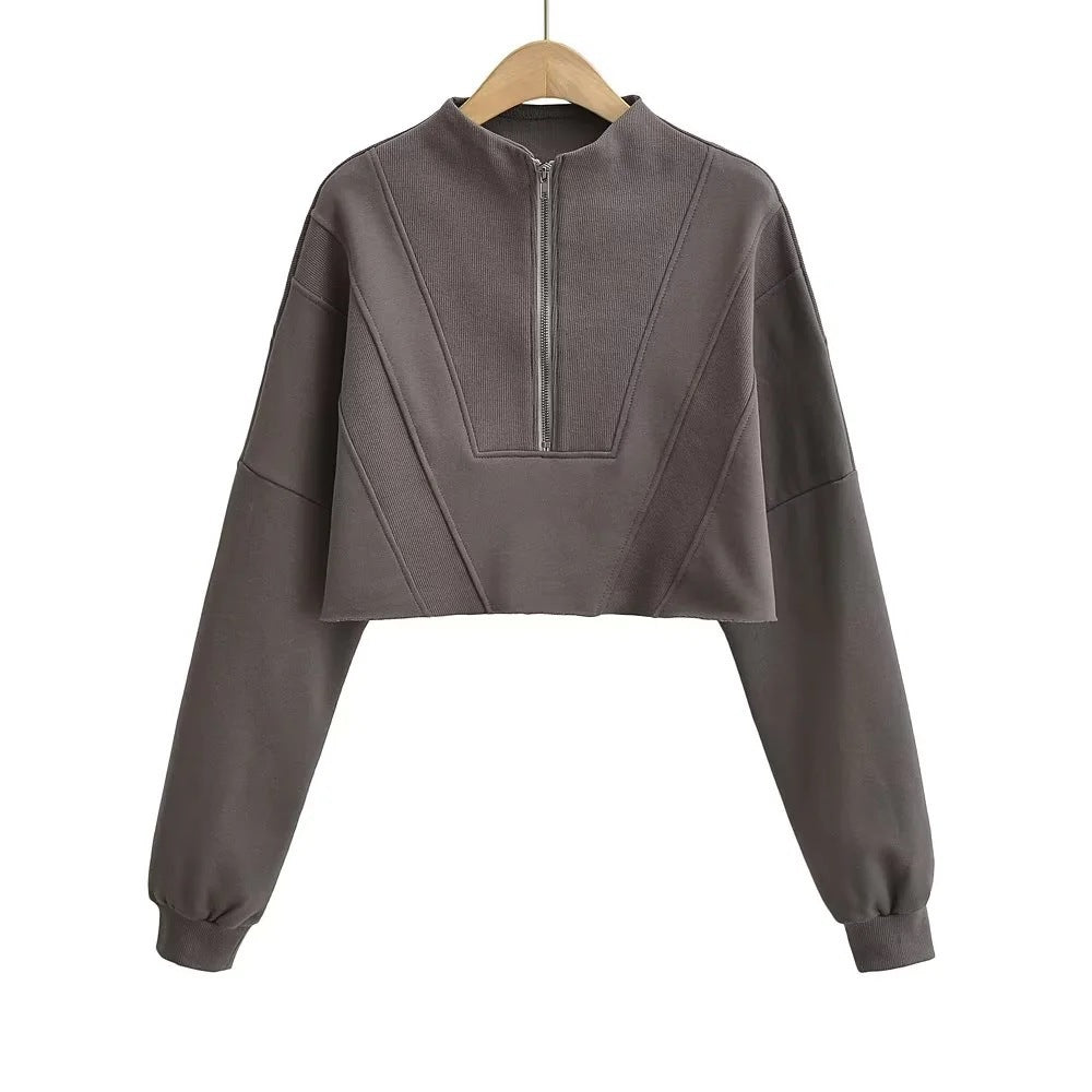 Women's Casual Half-Zip Solid Color Short Sweatshirt