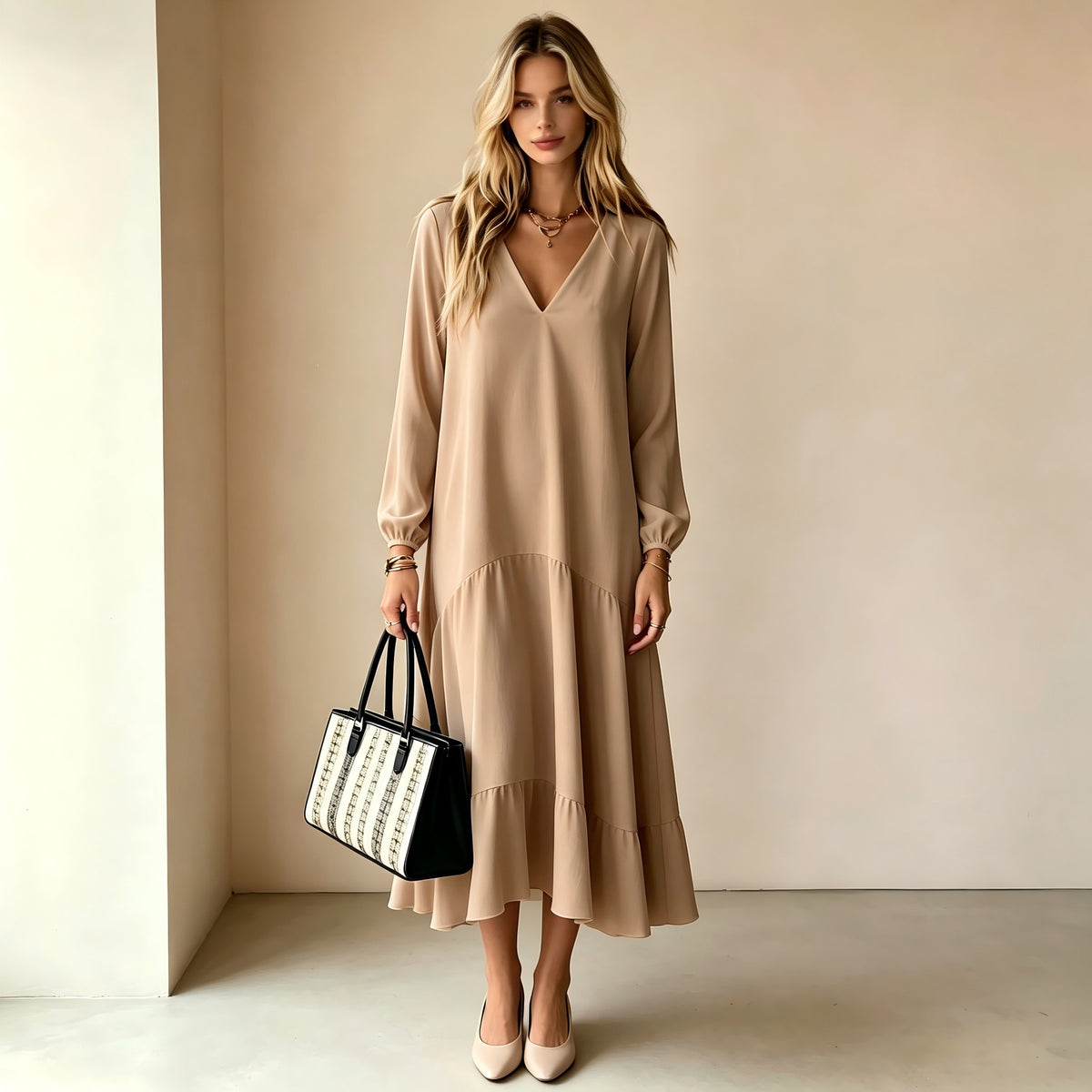 Elegant V-Neck Long-Sleeve Maxi Dress