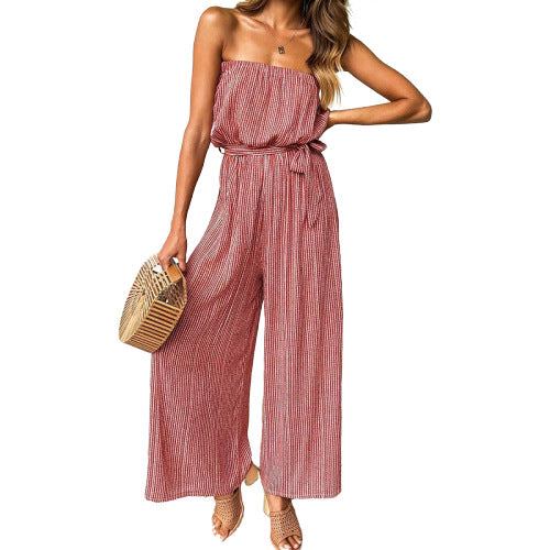 Women's Striped Strapless Wide-Leg Lace-Up Jumpsuit